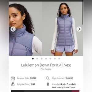 176-$65 *FREE SHIPPING* Lululemon Down For It All Vest Peri Purple size 2